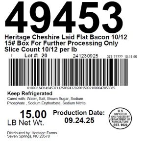 Heritage Cheshire Laid Flat Bacon 10/12 15# Box For Further Processing Only