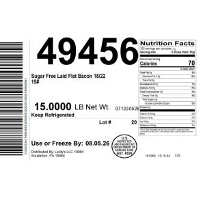 Sugar Free Laid Flat Bacon 18/22 15#
