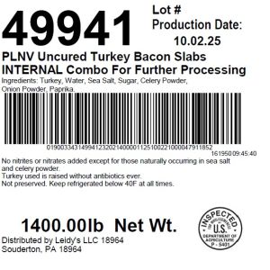 PLNV Uncured Turkey Bacon Slabs INTERNAL Combo For Further Processing