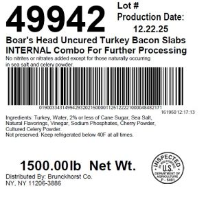Boar's Head Uncured Turkey Bacon Slabs INTERNAL Combo For Further Processing