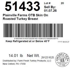 Plainville Farms OTB Skin On Roasted Turkey Breast