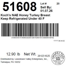 Koch's NAE Honey Turkey Breast Keep Refrigerated Under 40 F