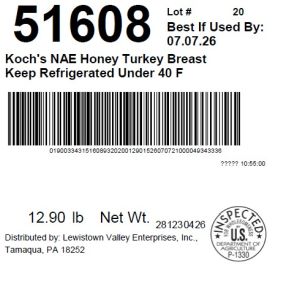 Koch's NAE Honey Turkey Breast Keep Refrigerated Under 40 F