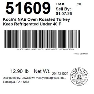 Koch's NAE Oven Roasted Turkey Keep Refrigerated Under 40 F