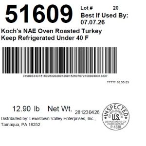 Koch's NAE Oven Roasted Turkey Keep Refrigerated Under 40 F