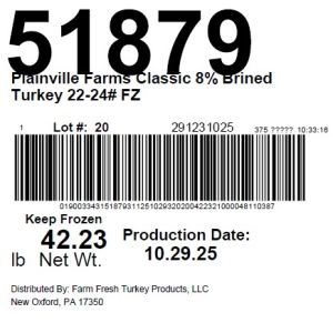 Plainville Farms Classic 8% Brined Turkey 22-24# FZ
