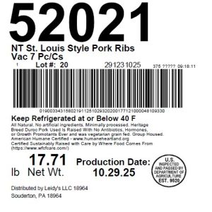 NT St. Louis Style Pork Ribs Vac 7 Pc/Cs