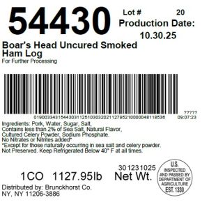 Boar's Head Uncured Smoked Ham Log