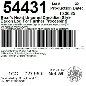 Boar's Head Uncured Canadian Style Bacon Log For Further Processing