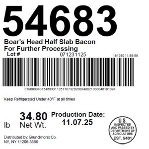 Boar's Head Half Slab Bacon For Further Processing