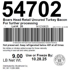Boars Head Retail Uncured Turkey Bacon For further processing