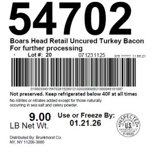 Boars Head Retail Uncured Turkey Bacon For further processing