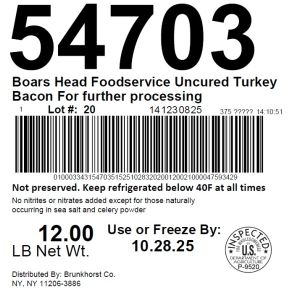 Boars Head Foodservice Uncured Turkey Bacon For further processing