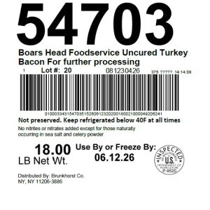 Boars Head Foodservice Uncured Turkey Bacon For further processing