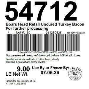 Boars Head Retail Uncured Turkey Bacon For further processing