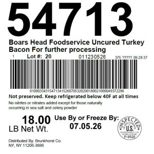 Boars Head Foodservice Uncured Turkey Bacon For further processing