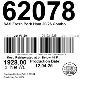 S&S Fresh Pork Ham 20/26 Combo