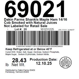 Dakin Farms Shankls Maple Ham 14/16 Cob Smoked with Natural Juices