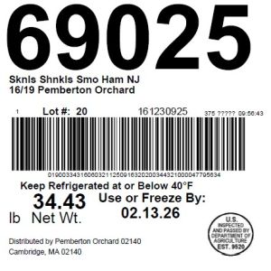 Pemberton Orchard S&S Smoked Ham NJ 16/19