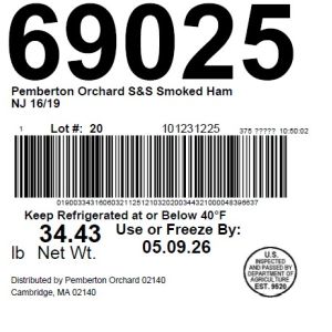 Pemberton Orchard S&S Smoked Ham NJ 16/19