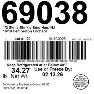 Pemberton Orchard 1/2 S&S Smkd Ham NJ 16/19