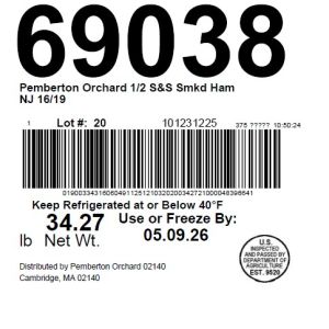 Pemberton Orchard 1/2 S&S Smkd Ham NJ 16/19