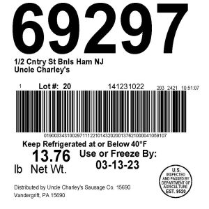 Uncle Charley's 1/2 Country Style Bnls Ham NJ