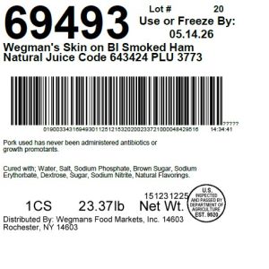 Wegman's Skin on BI Smoked Ham Natural Juice Code 643424 PLU 3773