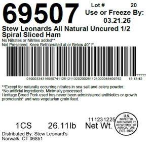 Stew Leonards All Natural Uncured 1/2 Spiral Sliced Ham