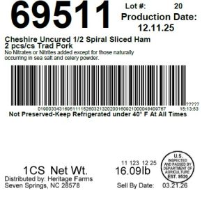 Cheshire Uncured 1/2 Spiral Sliced Ham 2 pcs/cs Trad Pork