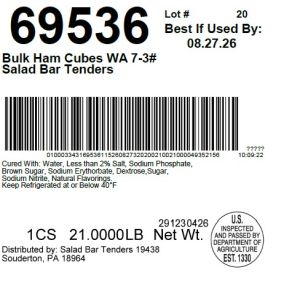 Bulk Ham Cubes WA 7-3# Salad Bar Tenders