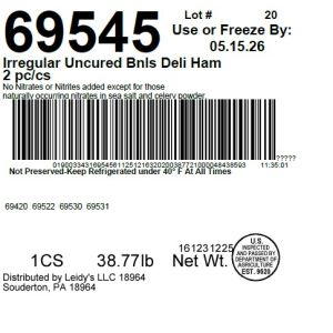 Irregular Uncured Bnls Deli Ham 2 pc/cs