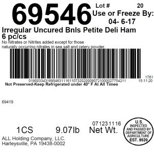 Irregular Uncured Bnls Petite Deli Ham 6 pc/cs