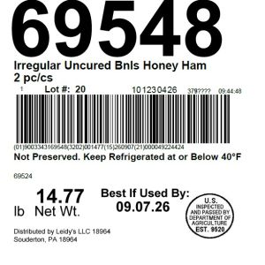 Irregular Uncured Bnls Honey Ham 2 pc/cs