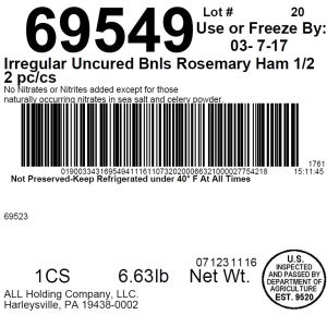 Irregular Uncured 1/2 Bnls Rosemary Ham 2 pc/cs