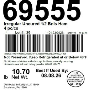 Irregular Uncured 1/2 Bnls Ham 4 pc/cs