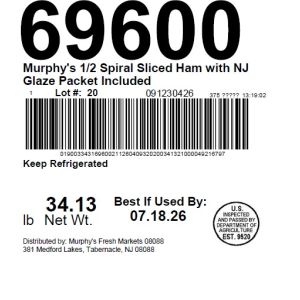 Murphy's 1/2 Spiral Sliced Ham with NJ Glaze Packet Included