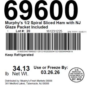 Murphy's 1/2 Spiral Sliced Ham with NJ Glaze Packet Included