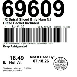 1/2 Spiral Sliced Bnls Ham NJ Glaze Packet Included