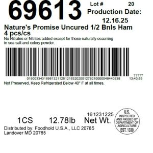 Nature's Promise Uncured 1/2 Bnls Ham 4 pcs/cs