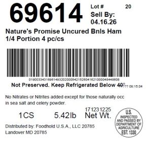 Nature's Promise Uncured Bnls Ham 1/4 Portion 4 pc/cs