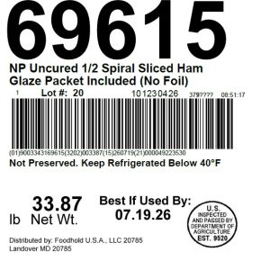 NP Uncured 1/2 Spiral Sliced Ham Glaze Packet Included (No Foil)