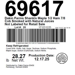 Dakin Farms Shankls Maple 1/2 Ham 7/8 Cob Smoked with Natural Juices