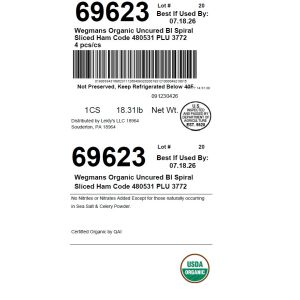 Wegmans Organic Uncured BI Spiral Sliced Ham Code 480531 PLU 3772