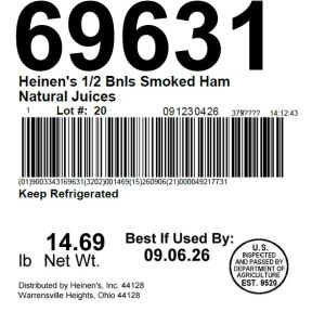 Heinen's 1/2 Bnls Smoked Ham Natural Juices