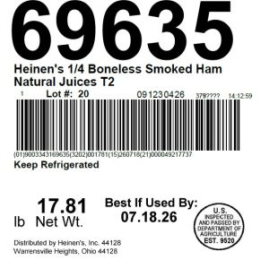 Heinen's 1/4 Boneless Smoked Ham Natural Juices T2