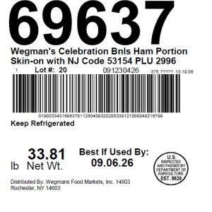 Wegman's Celebration Bnls Ham Portion Skin-on with NJ Code 53154 PLU 2996