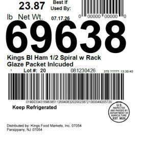 Kings BI Ham 1/2 Spiral w Rack Glaze Packet Inlcuded
