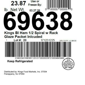 Kings BI Ham 1/2 Spiral w Rack Glaze Packet Inlcuded