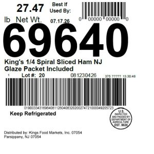 King's 1/4 Spiral Sliced Ham NJ Glaze Packet Included